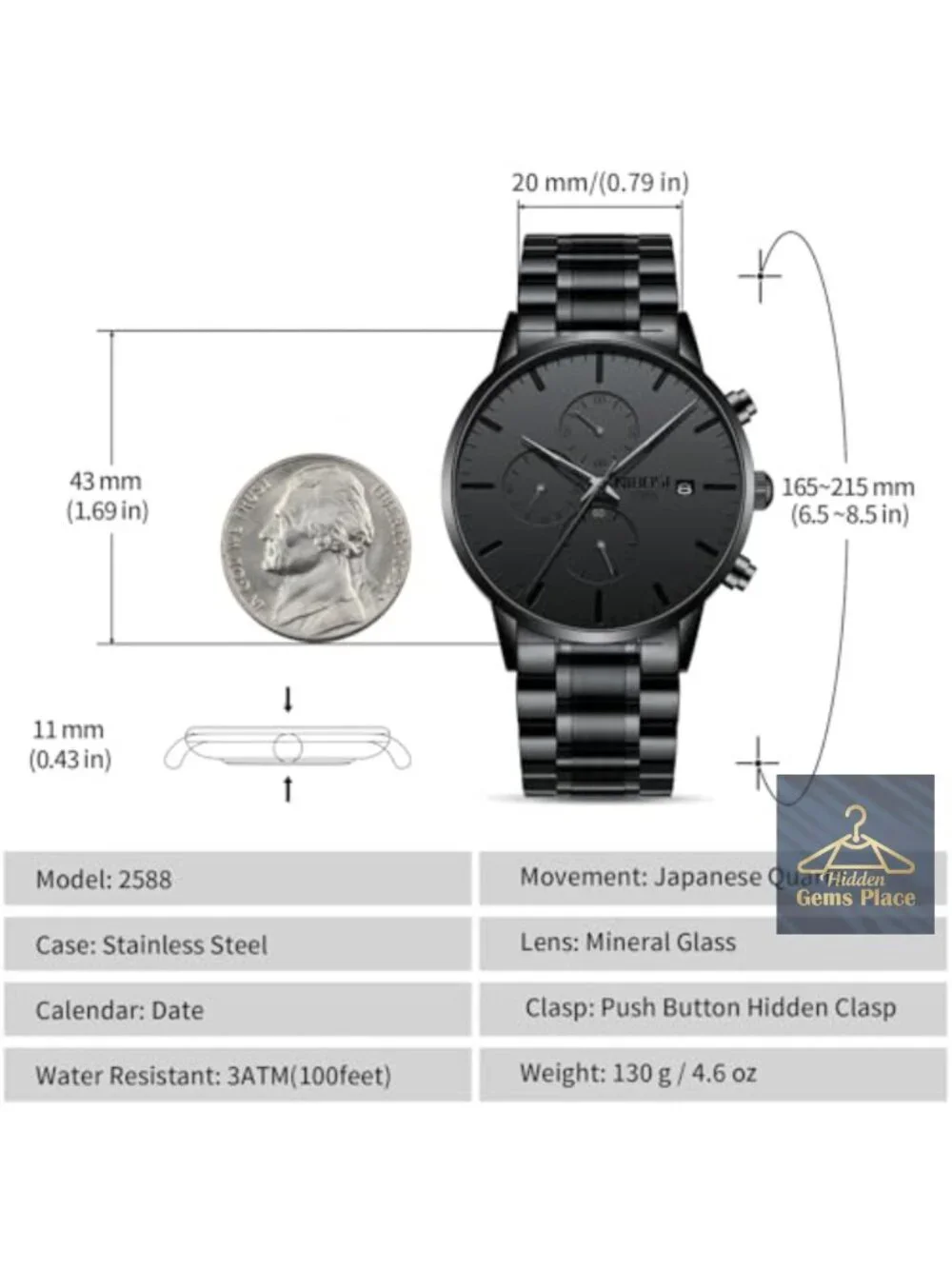 Minimalist Analog Chronograph Watch with Date, Stainless Steel